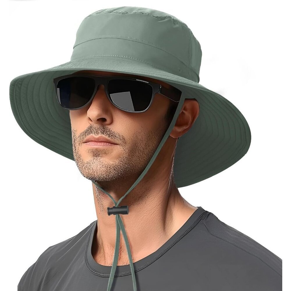 Unisex Green 100% Nylon Wide Brim Uv Protection With Chin Strap Hunting Sun Hat